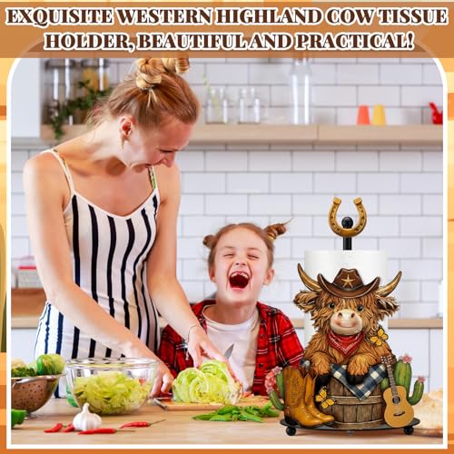 Western Cowboy Highland Cow Paper Towel Holder Cowboy Kitchen Bathroom Decor Farmhouse Metal Highland Cow Western Towel Holder Stand with Round Base for Home Countertop Toilet Accessories - style: Cowboy