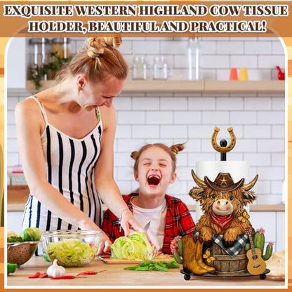 Western Cowboy Highland Cow Paper Towel Holder Cowboy Kitchen Bathroom Decor Farmhouse Metal Highland Cow Western Towel Holder Stand with Round Base for Home Countertop Toilet Accessories - style: Cowboy