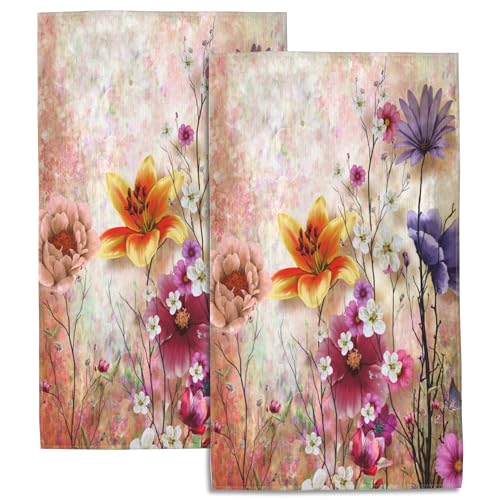 Flowers Bath Hand Towels Set of 2, Abstract Colorful Spring Multicolored Flowers Decorative Bath Towels Soft Super Absorbent Hand Towels for Bathroom Hotel Gym Home Decor,14"X28" - color: Abstract Colorful Spring Multicolored Flowers