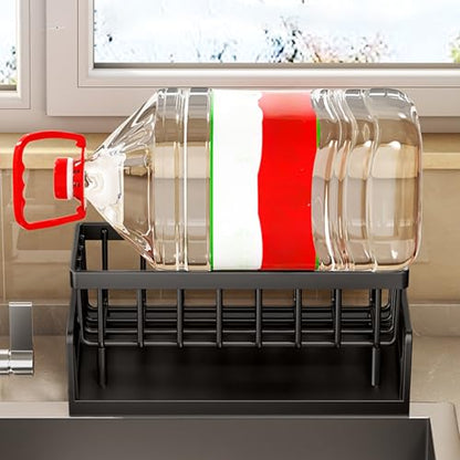 Kitchen Sink Organizer With Auto Draining Tray, Sponge Holder For Kitchen Sink Stable No-Slip Sink Caddy Sponge Holder Drain Basket With Towel Hanging Rod Kitchen Organization For Sponge Soap (Black)