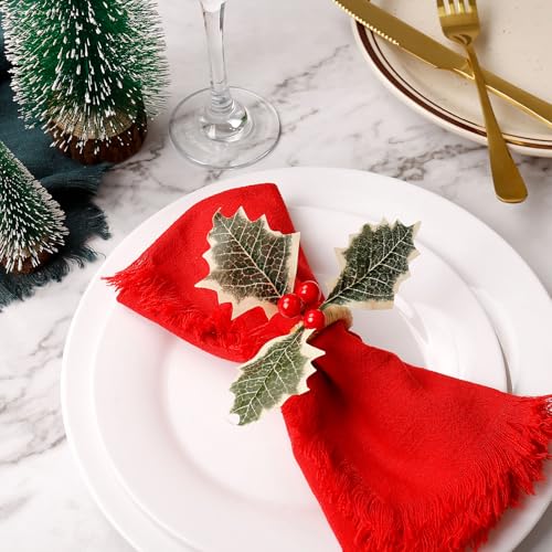 wonlex Farmhouse Napkin Ring Buckle Set of 12, Natural Rustic Serviette Buckles Holder for Table Decoration, Wedding, Thanksgiving Day,Christmas(Holly) - style: Holly