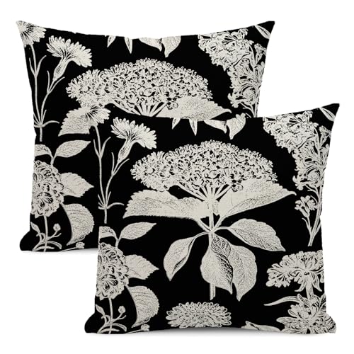 Floral Pillow Covers 18x18 Set of 2 Black Beige Hydrangea Herbs Botanical Throw Pillow Cover Outdoor Decor Vintage Boho Flower Pillowcase Farmhouse Decorative Linen Cushion Case for Home Couch - color: Black-vintage Floral, size: 18" x 18" (Pack of 2)