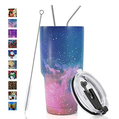 SYACOT 30oz Tumbler Double Wall Stainless Steel Vacuum Insulated Travel Mug with Splash-Proof Lid Metal Straw and Brush (Sky) - color: Sky-30oz