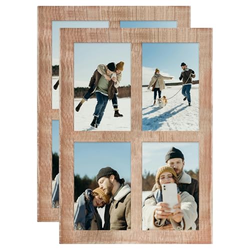 YESKAY 4x6 Picture Frame Collage Set of 2,4 Picture Frames 4 x 6 Wood Frame with Real Glass,Display 4 by 6 Family Photos for Wall Decor,Rustic Brown - color: Rustic Brown, size: 4x6-4 Opening(OD:9x13in)