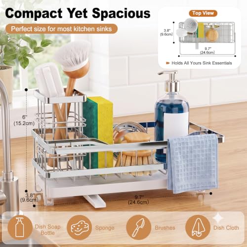 Sponge Holder for Kitchen Sink, Self-draining Sink Caddy with Towel Rack and Brush Holder, Metal Kitchen Countertop Organizers and Storage Essentials, Silver - color: Silver