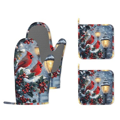 Christmas Berries Heat-Resistant Silicone Oven Mitts and Pot Holder 4 Piece Set,Cardinal Non-Slip Kitchen Oven Gloves for Baking, BBQ, Cooking,Grilling - color: Christmas Berries Cardinal