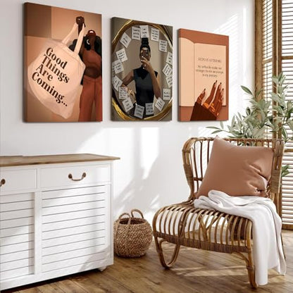Yudinbin Black Girl Wall Art Set of 3, African American Woman 16x24 Framed | Fashion Abstract Black Woman Canvas Prints Add Bold Modern Style to Living Rooms, Bedrooms, Offices, and Gallery Walls - color: black woman canvas, size: 24L" x 16W"