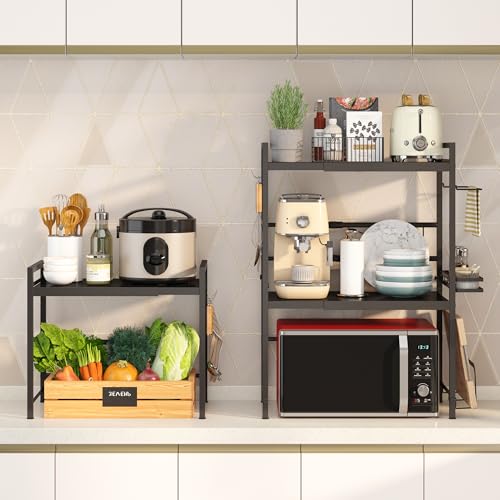 DOLALIKE Microwave Oven Rack, Expandable Microwave Stand Countertop Kitchen Utensils Tableware Storage, Carbon Steel Over Microwave Shelf Countertop with 3 Hooks (Pack of 2) - color: Black, size: 2 Tier (Without Spice Rack) (Pack of 2)