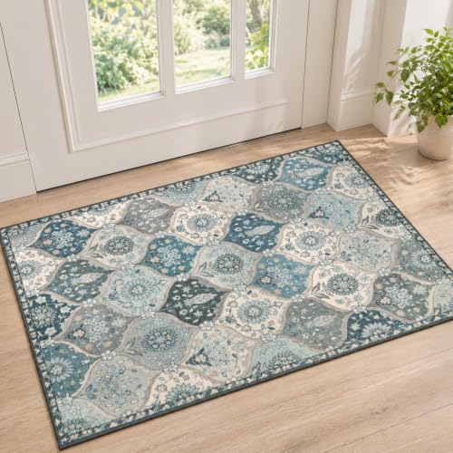 Lahome Moroccan Trellis Front Door Mat Indoor Entrance, 2x3 Rugs for Entryway Non-Slip Washable Indoor Door Mat, Oriental Accent Small Rug for Kitchen Bedroom Bathroom Elise, Blue - color: Dusty Blue Grey, size: 2' X 3' (Rectangular)