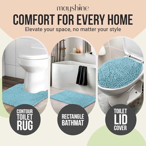 Standard 3pc Set Chenille Bath Mats, Includes 21"x24" U-Shaped Contour Toilet Rug, 21"x34" Inches Bathmat and 1 Toilet Lid Cover, Plush Absorbent Bath Mats Quick Dry, Spa Blue - color: Spa Blue, size: 24"x21", 34"x21" and TLC (Set)