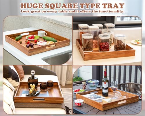 Large Ottoman Tray for Living Room, 20" Extra Large Wooden Tray for Ottoman Square Big Acacia Serving Trays with Handles for Coffee Table, Breakfast, Appetizers, Dinner - color: 20" Square Tray - Acacia