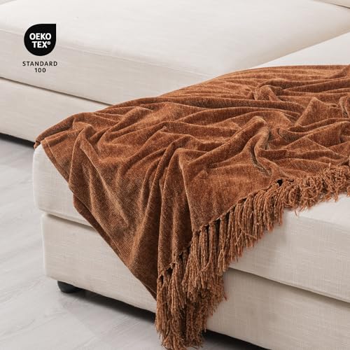 RECYCO Throw Blanket Soft Cozy Chenille Throw Blanket with Fringe Tassel for Couch Sofa Chair Bed Living Room Gift (Rust, 50" x 60") | Super Soft Knit Throw Blanket with Fringe Tassels, Lightweight Knitted Throw, Cozy, Ideal for Sofa Chair Bed Living Room