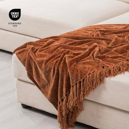 RECYCO Throw Blanket Soft Cozy Chenille Throw Blanket with Fringe Tassel for Couch Sofa Chair Bed Living Room Gift (Rust, 50" x 60") | Super Soft Knit Throw Blanket with Fringe Tassels, Lightweight Knitted Throw, Cozy, Ideal for Sofa Chair Bed Living Room