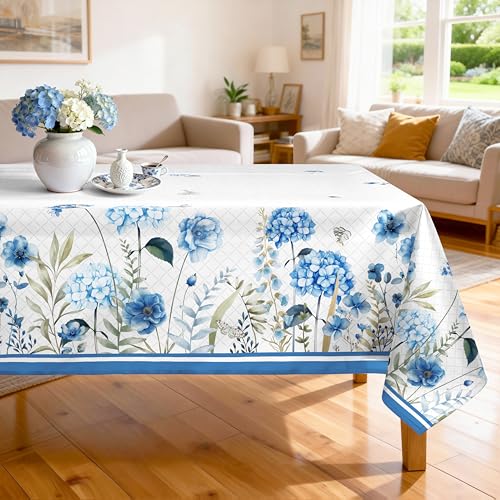 Hydrangea Polyester Tablecloth, Blooming, 60 x 84 Inch | Washable Reusable Water Resistant Table Cloth with Hydrangea Print for Everyday Dining, Party, Decor - color: Hydrangea 01, size: 84" x 60" (Rectangular)