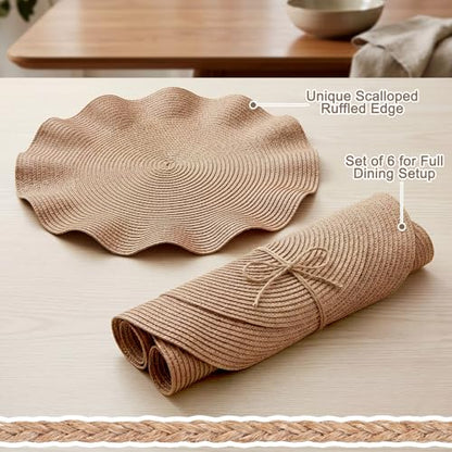 Irenare Scalloped Wedding Rattan Placemats Set of 6 Woven Round Placemat 15 Inch, Wicker Chargers Rattan Table Mat for Dining Table Cup Vase Home Holiday Birthday Party