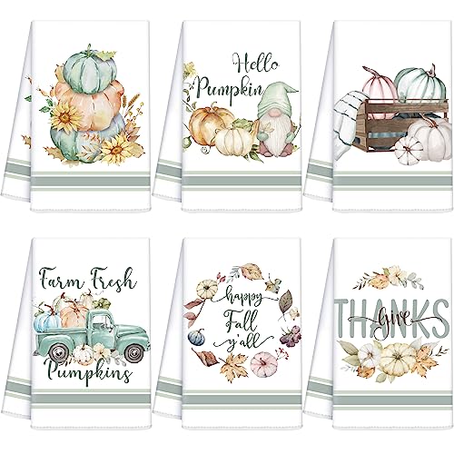 Ganeen 6 Pcs Fall Kitchen Towels Set Watercolor Thanksgiving Autumn Pumpkin Truck Gnomes Fiber Dishtowels Vintage Tea Towel Set for Bathroom Home Cooking Baking Gifts - color: Attractive