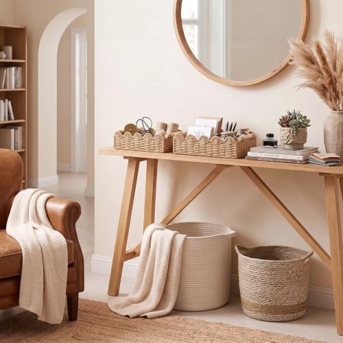2 Pcs Toilet Paper Storage Basket with Wood Handles, Bathroom, 2Pcs | Scalloped Edge Paper Rattan Bathroom Basket, Over-The-Toilet Storage Organizer for Shelf, Countertop, Modern Farmhouse Decor