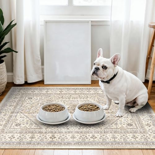 3x4 Washable Entryway Area Rug - Non-Slip Vintage Throw Rugs Beige Gray | Low Pile Thin Carpet for Entryway Soft Pet-Friendly Indoor Door Mat for Kitchen Bedroom Living Room Home Decor - color: Beige/Gray, size: 3' x 4' (Rectangular)
