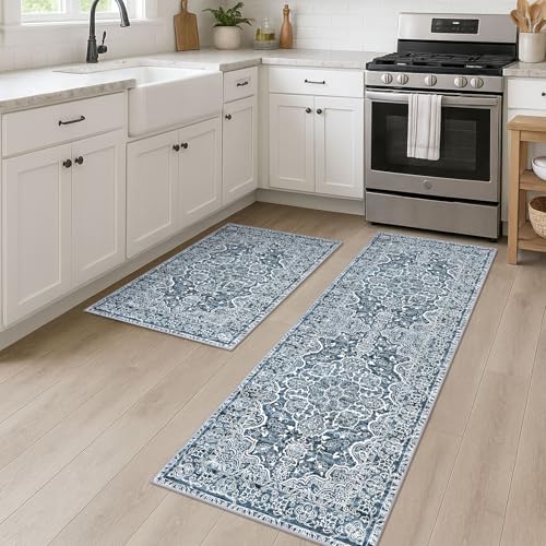 KUTA Vintage Washable Kitchen Sets of 2PCS 2x3 2x6 Blue White Floral | Non-Slip, Non-Shedding, Low Pile, Easy Clean Floor Rug Set For Bathroom, Entrance, Hallway, Bedside, Laundry - color: Blue Floral, size: 2' x 6' (Set)