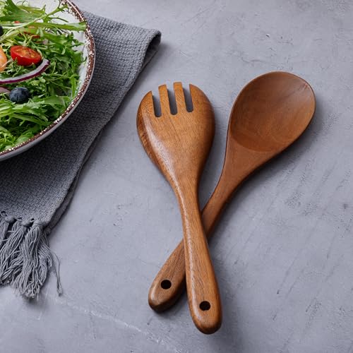 2 pcs Wooden Spoons for Cooking, 10.5 Inch wooden Salad servers of ladle and Fork Set, Acacia Wood Salads Kitchen Serving Utensils Set for Tossing, Mixing and Cooking - color: Acacia Wood