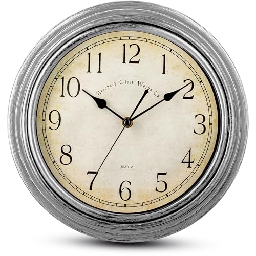 Bernhard Products Vintage Wall Clock Silent Non Ticking - 12 Inch Quality Quartz Battery Operated Decorative Silver Clock for Home Kitchen Living/Dining Room Office Decor, Easy to Read, Rustic - color: Rustic Silver