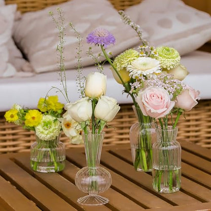 12 Pcs Ribbed Glass Bud Vases Set, 4 Styles Clear Small Flower Vases | Mini Vases in Bulk, Roman Column Vertical Ribbed Design for Wedding, Home Decor, Table Centerpieces, Party
