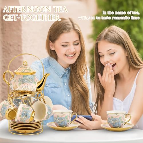 20 Pieces Porcelain Tea Set With Metal Holder, European Ceramic tea set for adults,Flower Tea Set,Tea Set For Women With Flower Painting (VIVID YELLOW, Largr Vision) - color: VIVID YELLOW