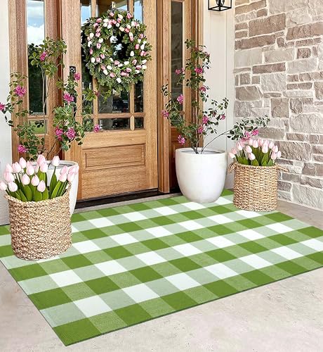 Washable 3'x5'Outdoor Rug Green White Checkered Farmhouse Front Door Mat | Hand-Woven Cotton Layered Doormat Farmhouse Area Rug For Front Entryway Decor - color: Green Buffalo, size: 35.4'' x 59''