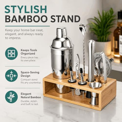 Cocktail Shaker Set, 18/8 Food-Grade Stainless Steel Mixology Bartender Kit 10-Piece Bar Tools with Stylish Bamboo Stand - Rust-Proof & Dishwasher Safe - Professional Martini Shaker Gift for Men, Dad
