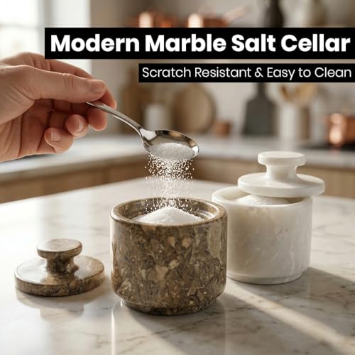 Marble Salt Cellar with Lid - Stone Salt Container for Countertop, Salt Box Keeper for Kitchen Counter, 3.5 oz OceanicX Marble Cellar (White Oceanic) - color: White Oceanic