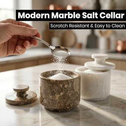 Marble Salt Cellar with Lid - Stone Salt Container for Countertop, Salt Box Keeper for Kitchen Counter, 3.5 oz OceanicX Marble Cellar (White Oceanic) - color: White Oceanic