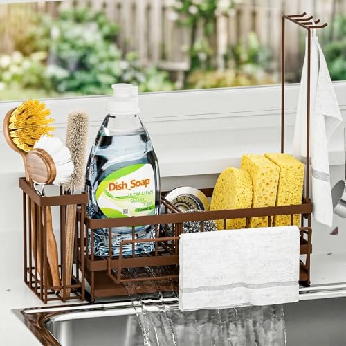 Kitchen Sink Organizer, Stainless Steel Sponge Holder, Brown | Rust-Resistant Steel, Detachable Draining Board, Compartment Divider, Brush Holder & Towel Bar, Ideal for Kitchen Storage - color: Brown