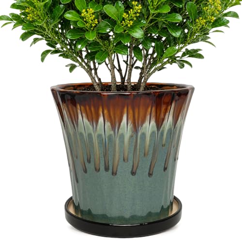 10 Inch Ceramic Planters with Drainage Hole and Saucer,Indoor Outdoor Large Flower Pots, Garden Pot for Plant Lovers (Drip Blue) - color: Drip Blue, size: 10 Inch