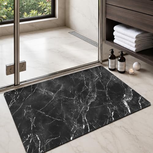 Color&Geometry Black Marble Bathroom Rugs Non Slip,Absorbent Thin Bath Mat | 24"x16" Washable Bath mats for Bathroom,Small Bath Mat Quick Dry Low Pile Bathroom Rug for Bathtub and Shower Floor - color: Black Marble, size: 16"x24"-Small