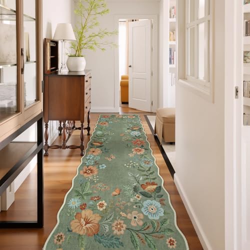 Lahome Floral Hallway Runner Rug Non Slip, 2'6''x10' Washable Runner Rug | Soft Kitchen Runners for Hallways, Distressed Carpet for Entryway Bathroom Flore (Green) - color: Green, size: 2.6' x 10'(Runner)