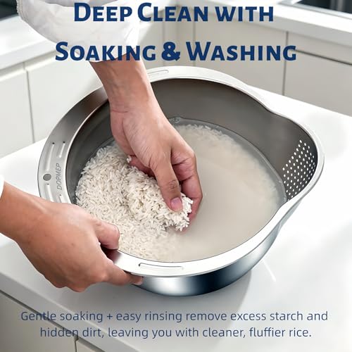 DOPMEP Rice Washer Strainer Bowl Stainless Steel Colander with Side Drainer | Ideal for Soaking, Washing, Cleaning, and Rinsing Rice, Fruits, Vegetables & Beans, Versatile Kitchen Tool - color: Rice Washing Strainer