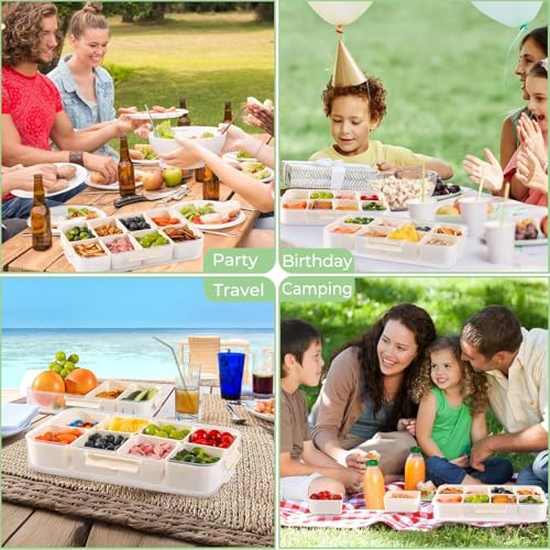 Snackle Box Container Portable - Large 8-Compartment Divided Serving Tray with Lid and Handle, Grab and Go Snack Containers Reusable for Travel and Outdoor Camping, Leak-Proof, BPA-Free