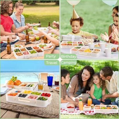 Snackle Box Container Portable - Large 8-Compartment Divided Serving Tray with Lid and Handle, Grab and Go Snack Containers Reusable for Travel and Outdoor Camping, Leak-Proof, BPA-Free