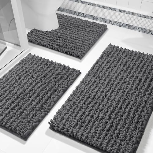 Yimobra Bathroom Rug Set 3 Piece - Super Absorbent Quick Dry Chenille Bath Mats & Toilet Rug, Non Slip Machine Washable, Extra Thick Shaggy Floor Mat for Shower Tub Sink, Dark Gray - color: Dark Gray, size: 24"x17" + 24"x20" + 30"x20"