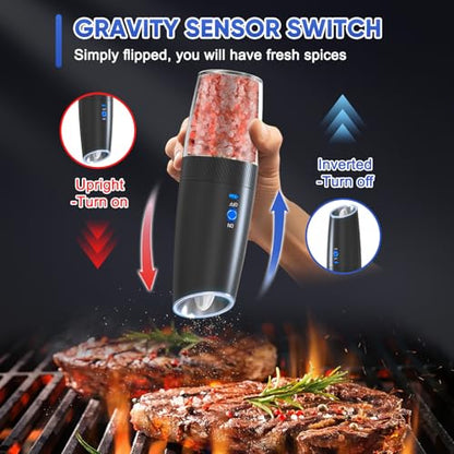 RECHARGEABLE - Gravity Electric Pepper and Salt Grinder Set, Adjustable Coarseness, With LED Light, One Hand Automatic Operation, 2 Pack-Black