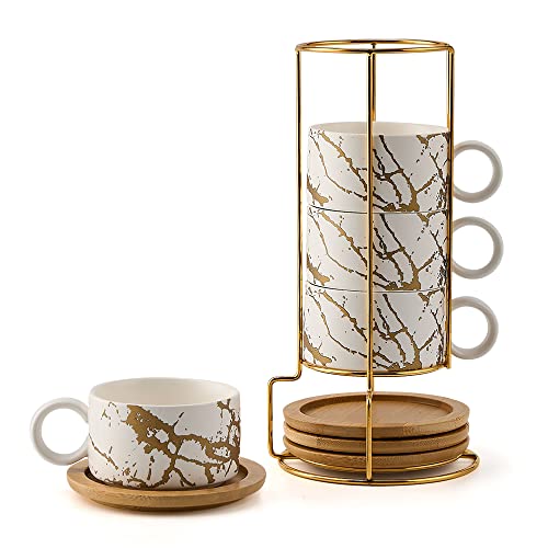 LUKA Porcelain Espresso Cup with Metal Stand, 6 Ounce Stackable Ceramic Demitasse Espresso Mugs Cappuccino Cups Set for Latte,Coffee,Cafe Mocha,Tea(Set of 4,White) - color: White