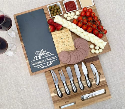 Luxury Acacia Charcuterie Board Gift – Personalized Slate Cheese Board with Utensils – Perfect Thanksgiving, Wedding, Christmas & Housewarming Present - color: Design #29