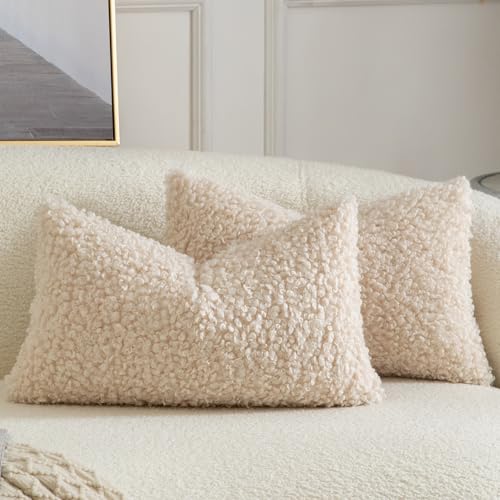 Yaertun Pack of 2 Faux Fur Throw Pillow Covers Decorative Sherpa Boucle Pillow Covers Fuzzy Soft Pillowcases Sheepskin Fleece Cushion Case for Couch Sofa Bed Living Room 12x20 Inch Beige - color: Beige, size: 20" x 12" (Pack of 2)