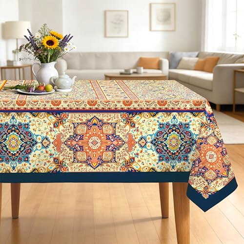 Boho Tablecloth Waterproof, Rustic Vintage Table Cloth Rectangle Stain Resistant, Washable Table Cover for Home Kitchen Dining Party Decoration (60×84 Inch) - color: Orange, size: 84" x 60" (Rectangular)