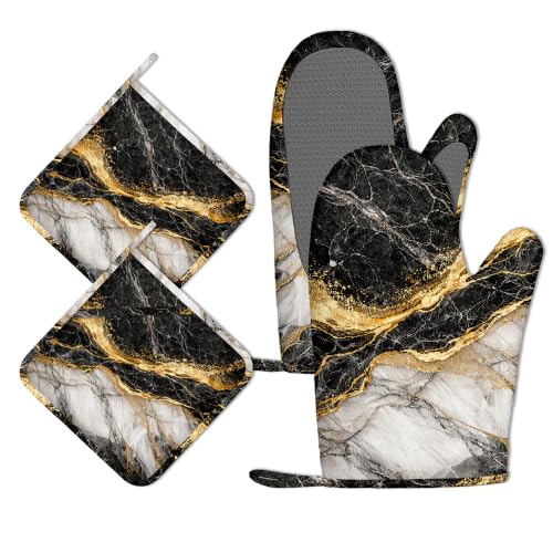 Black White Gold Flowing Marble Oven Mitts and Pot Holders Sets Silicone Kitchen Mitts Potholders Heat Resistant 4Pcs Oven Gloves Hot Pads for Kitchen Baking Cooking - color: Black White Gold Flowing Marble