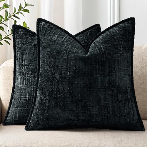 decorUhome Chenille Decorative Throw Pillow Covers 16x16 Set of 2, Black | Soft Texture, Slubby Modern Design, Flange Edges, Cozy Accent Pillow Covers for Couch, Sofa, Bed, Living Room - color: Black, size: 16" x 16" (Pack of 2)
