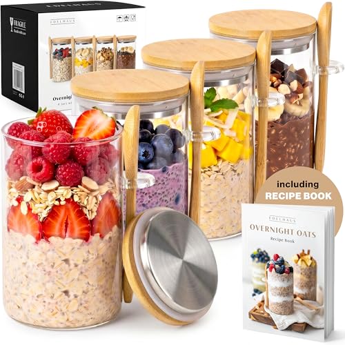 Overnight Oats Containers with Lids - Glass Mason Jars, Meal Prep | Bamboo Wood, Airtight Silicone Seal Set of 4 - Includes Spoons, 40 Labels for Chia Pudding, Yogurt, Cereal, Oatmeal - color: 4 pack - Bamboo Lid