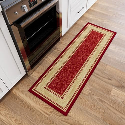 Ottomanson 2x5 Kitchen Rug Runner – Non-Slip Entryway Rug - color: Border Red, size: 1'8" x 4'5" (Runner)
