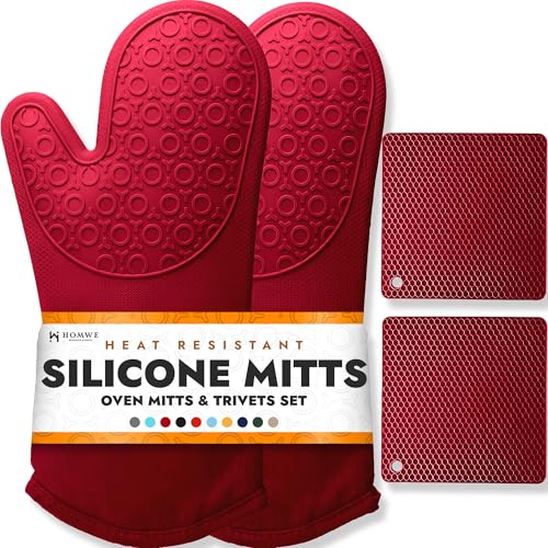 BPA-Free Soft Silicone 4 Piece Oven Mitts & Trivets Set - Ultra Heat Resistant Oven Mitts with Thick Cotton Liner - Long Slip Resistant Pot Holders, Flexible Oven Gloves - Empire Red - color: Empire Red, size: 4-Piece Oven Mitts & Trivets Set