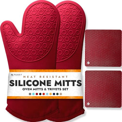 BPA-Free Soft Silicone 4 Piece Oven Mitts & Trivets Set - Ultra Heat Resistant Oven Mitts with Thick Cotton Liner - Long Slip Resistant Pot Holders, Flexible Oven Gloves - Empire Red - color: Empire Red, size: 4-Piece Oven Mitts & Trivets Set